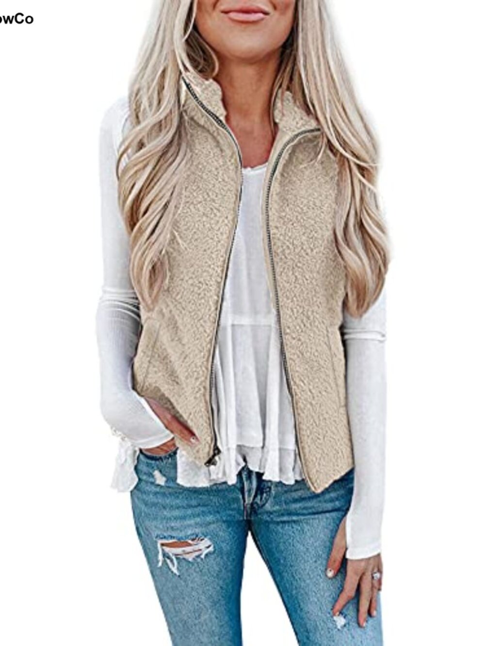 Fuzzy Sherpa Fleece Vest Sleeveless Zip Cardigan Outerwear with Pockets